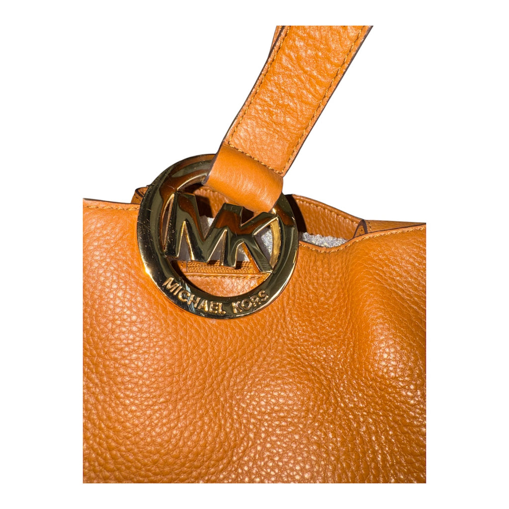 Michael Kors Fulton Bag, Acorn Tan Pebbled Leather, Gold Round Logo Charm, Three Compartments, Boho Hobo Tote