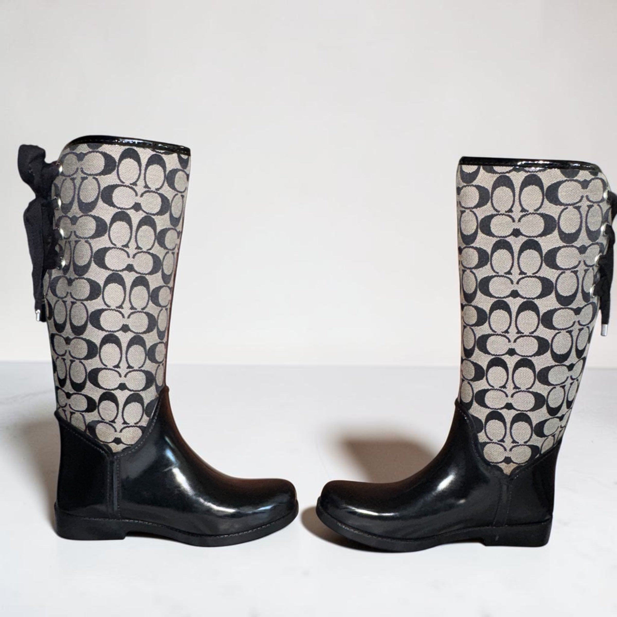 Coach Signature C Black Lace-Up Tall Rain Boots