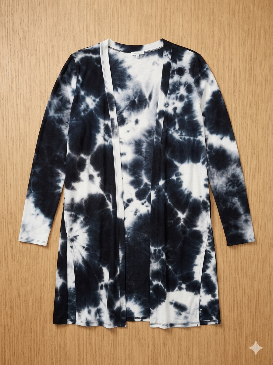 Black & White Tie-Dye Open Front Cardigan