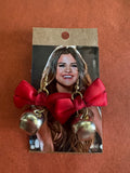 Red Satin Bow & Silver Jingle Bell Dangle Earrings