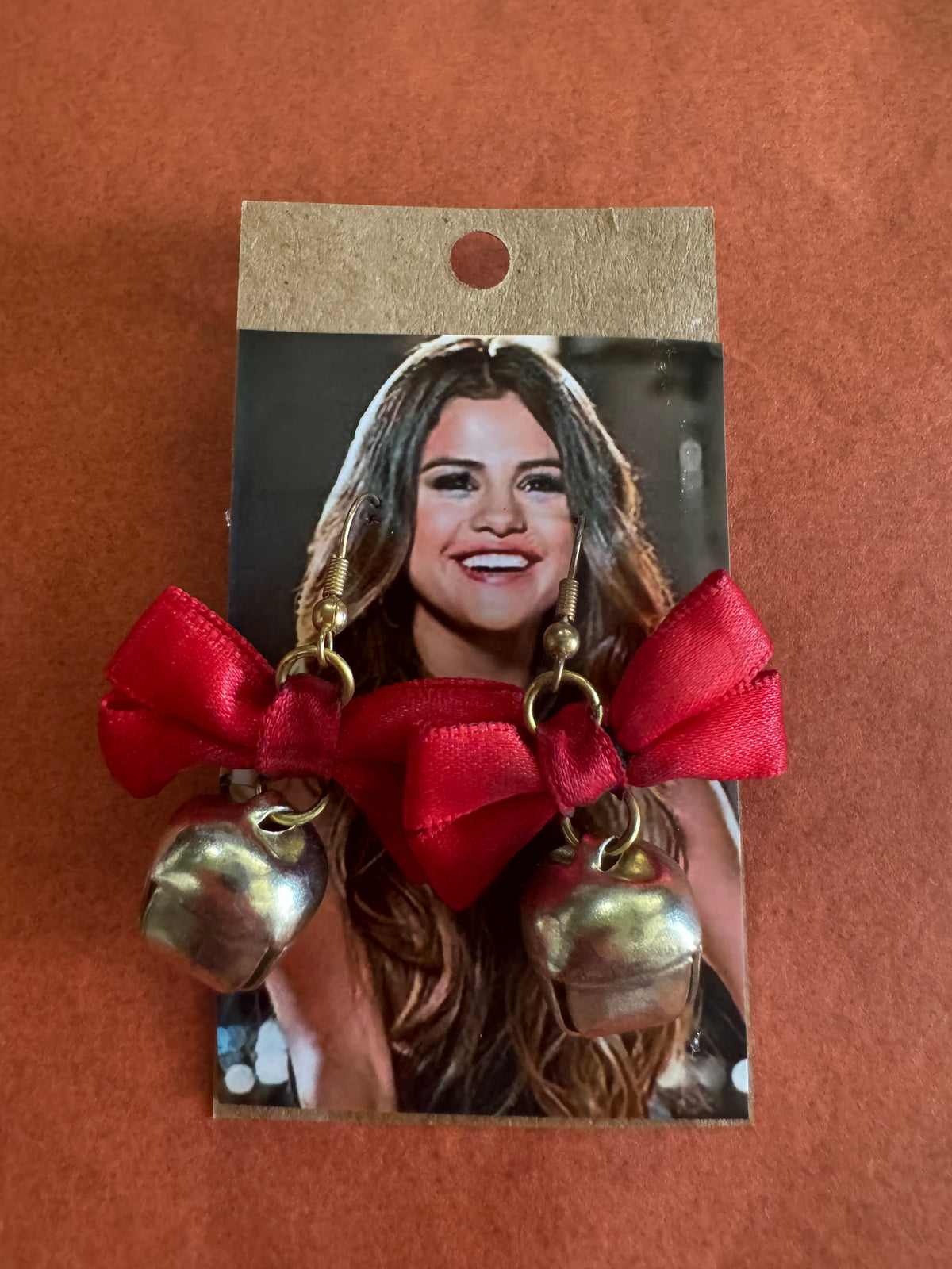 Red Satin Bow & Silver Jingle Bell Dangle Earrings