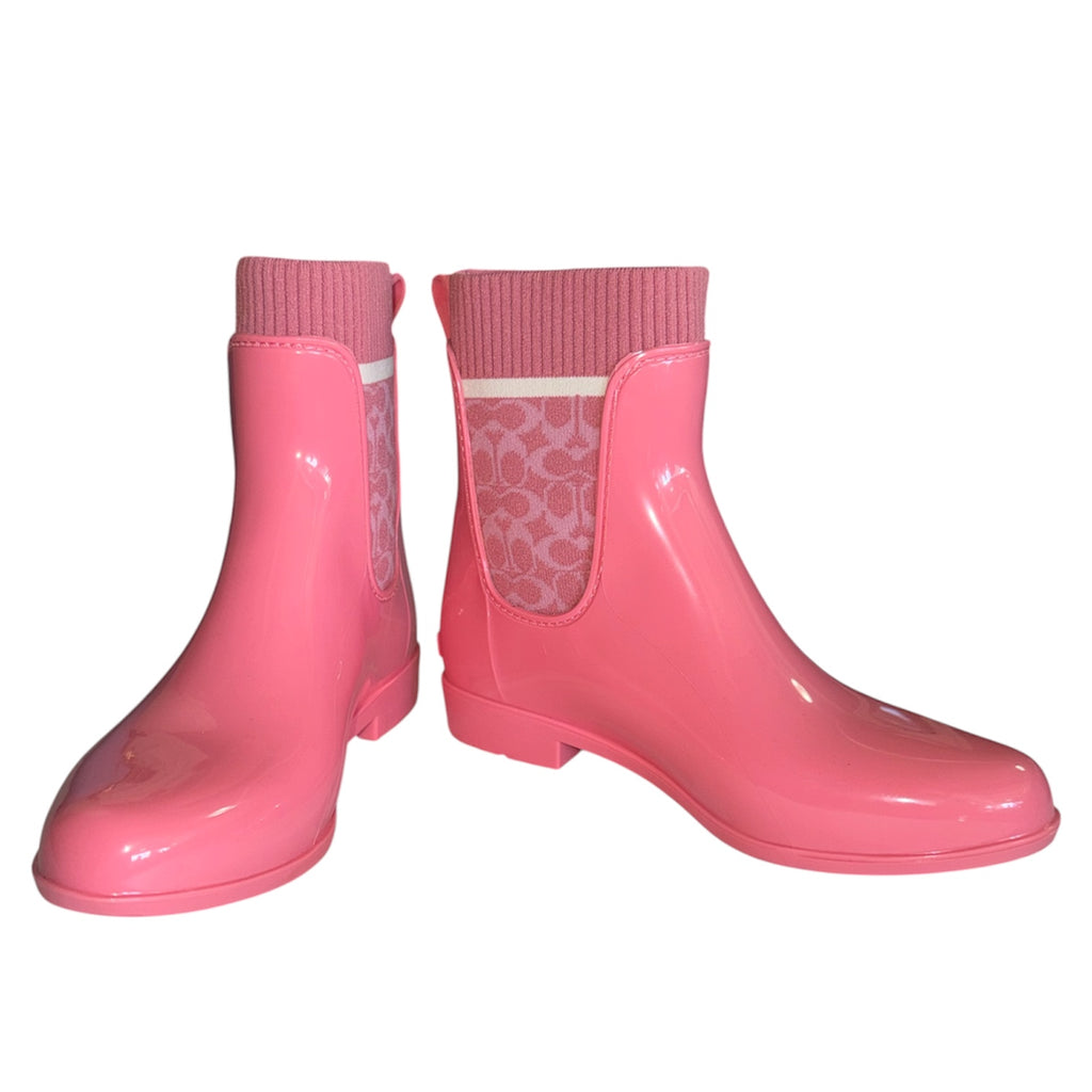COACH Rivington Pink Monogram Sock-Top Ankle Rain Boots