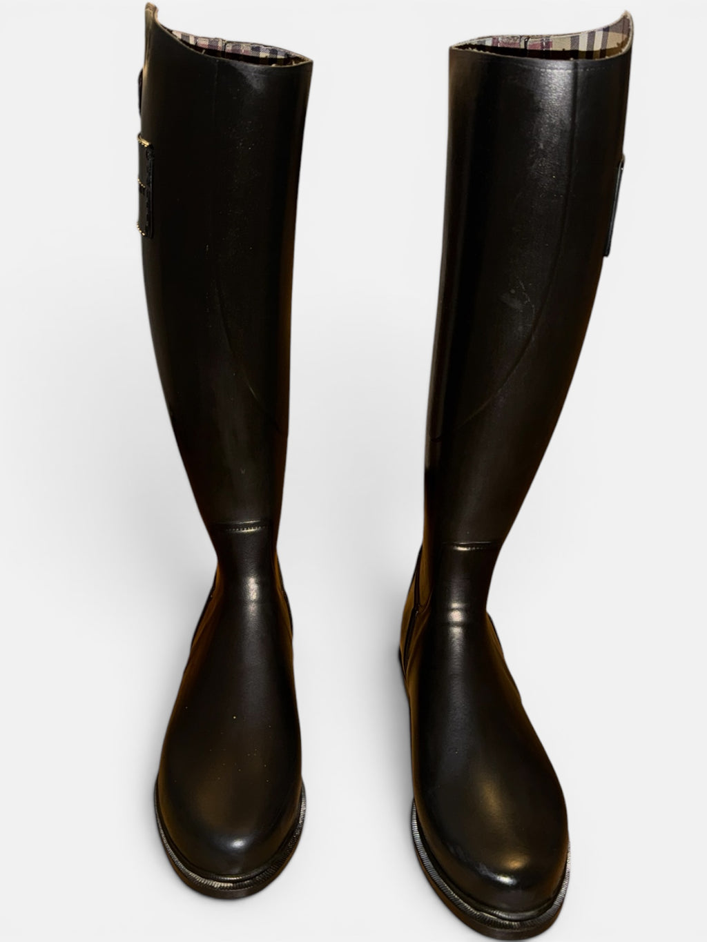 Burberry Vintage Black Equestrian Tall Rain Boots Nova Check