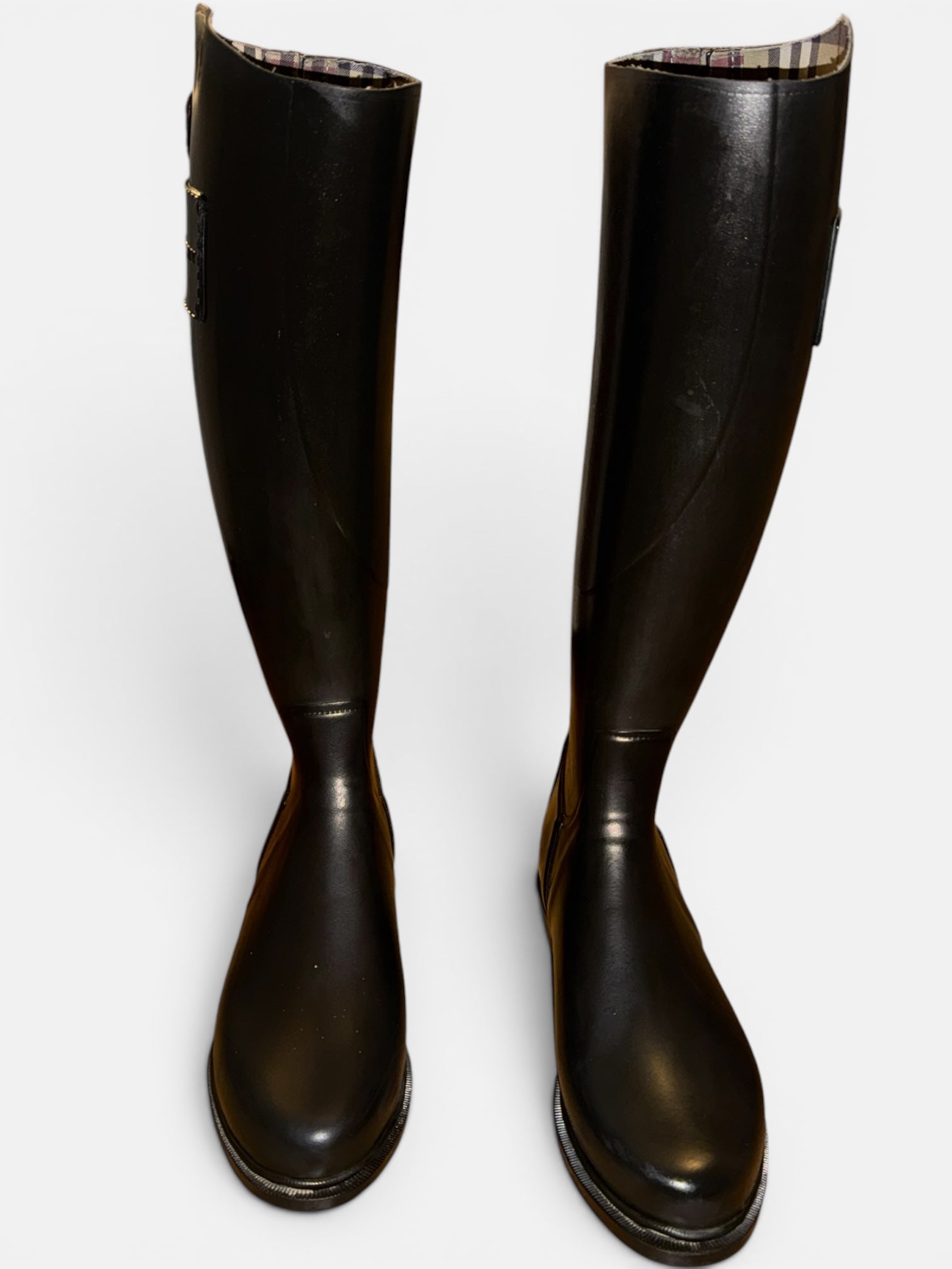 Burberry Vintage Black Equestrian Tall Rain Boots Nova Check