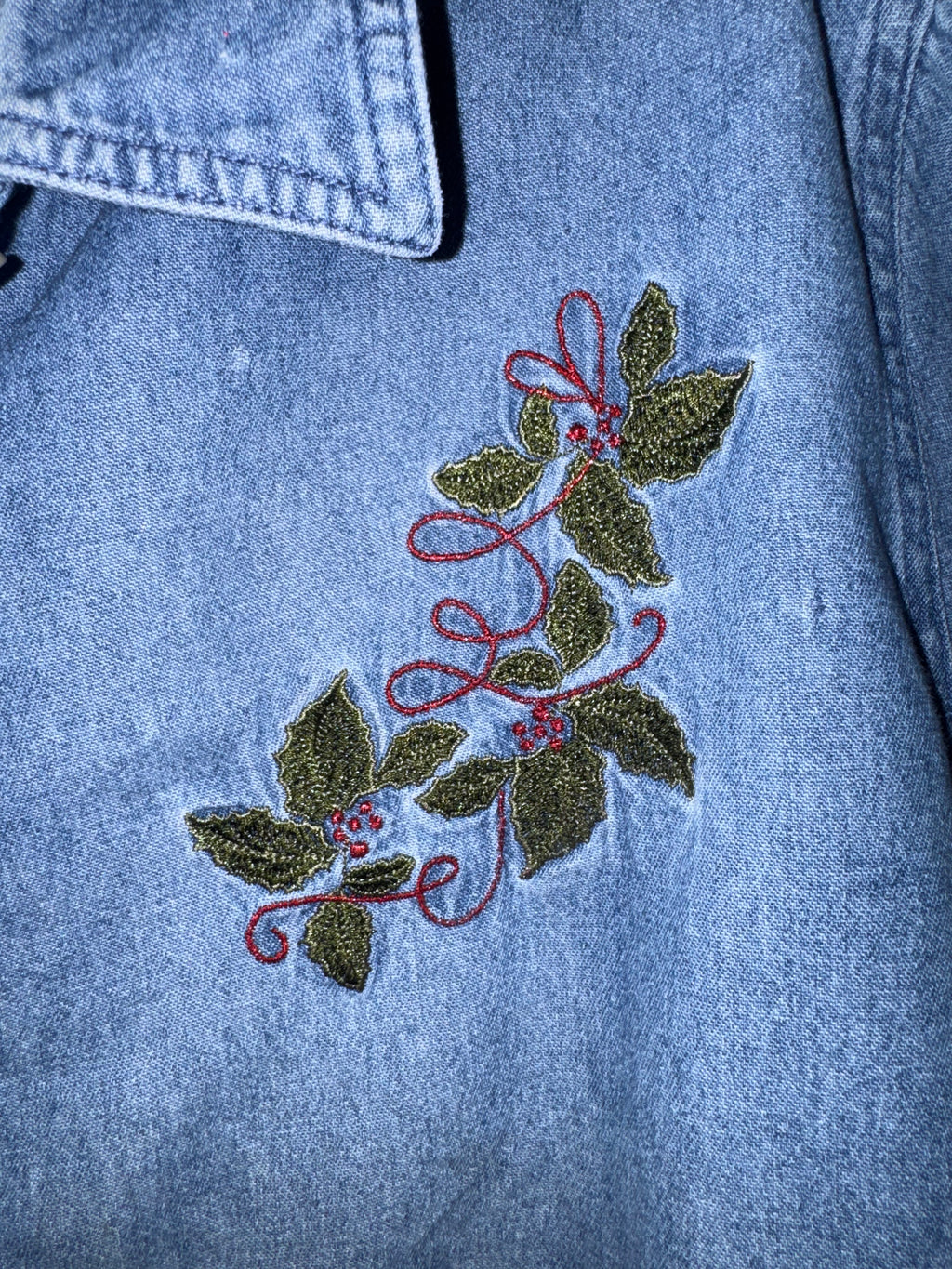 Vintage Floral Holly Embroidered Distressed Denim Shirt