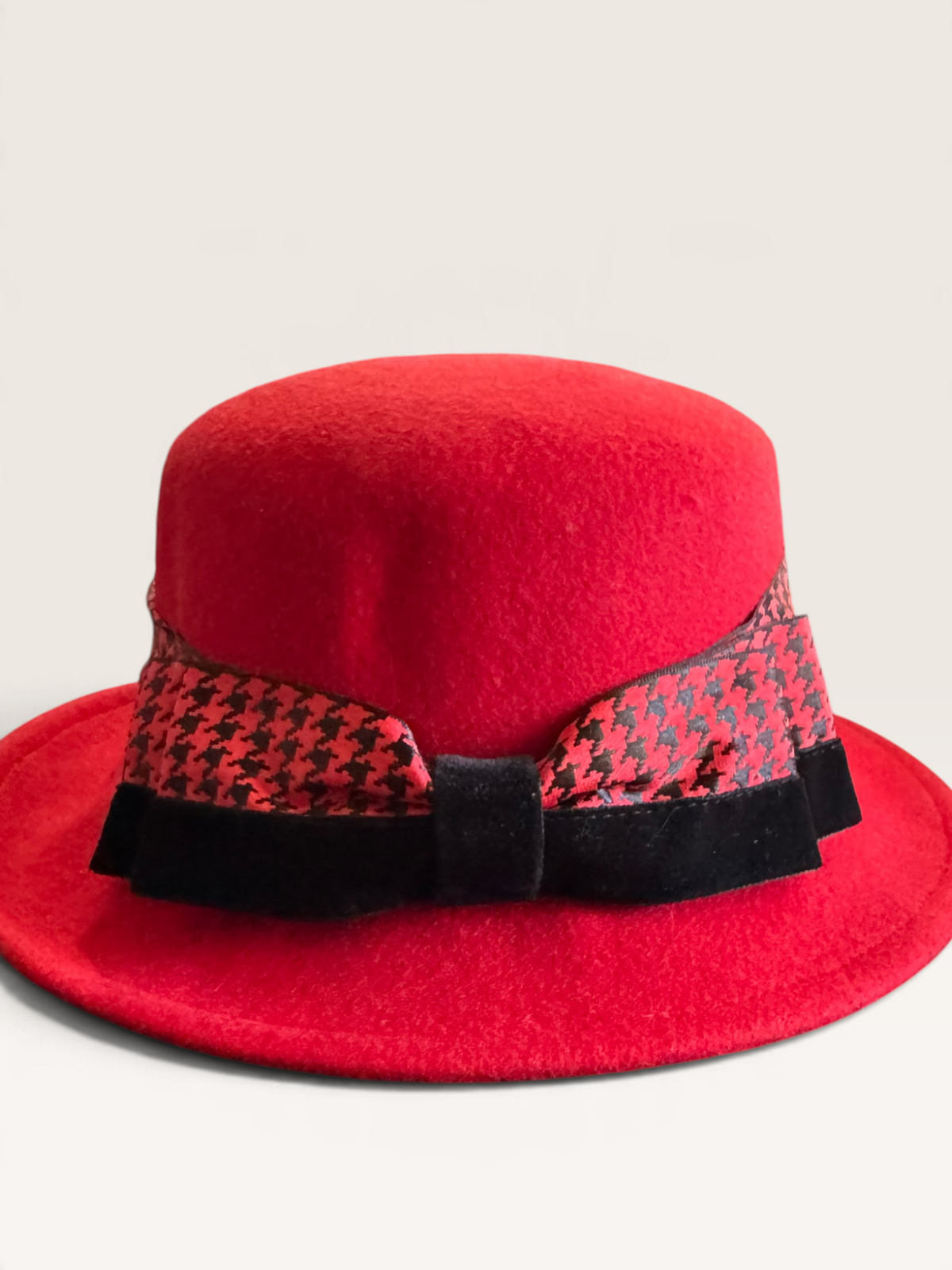 Red Felt Dress Hat with Houndstooth Bow