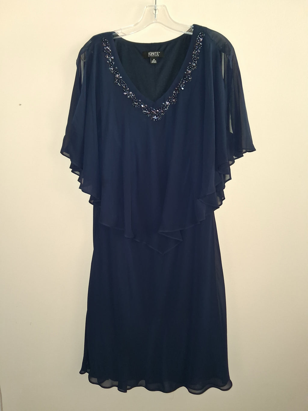 Ignite Evenings Navy Beaded Cape Dress