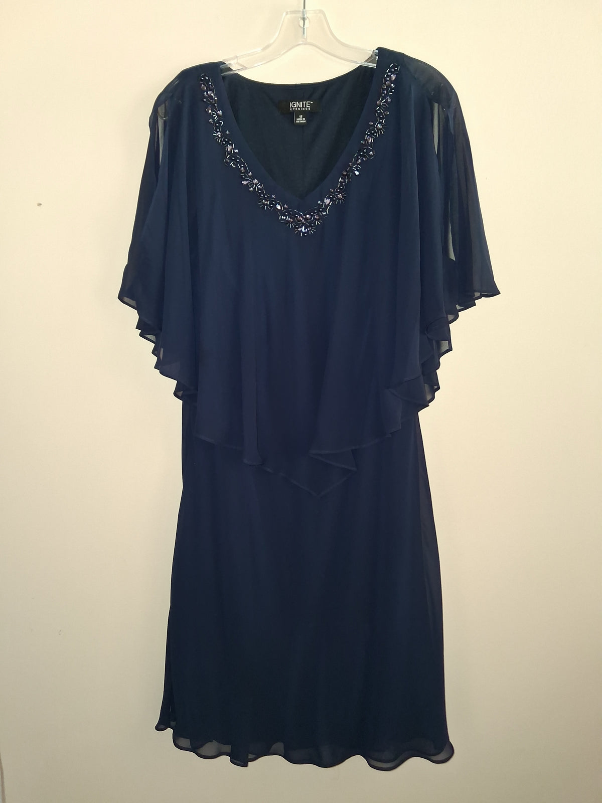 Ignite Evenings Navy Beaded Cape Dress