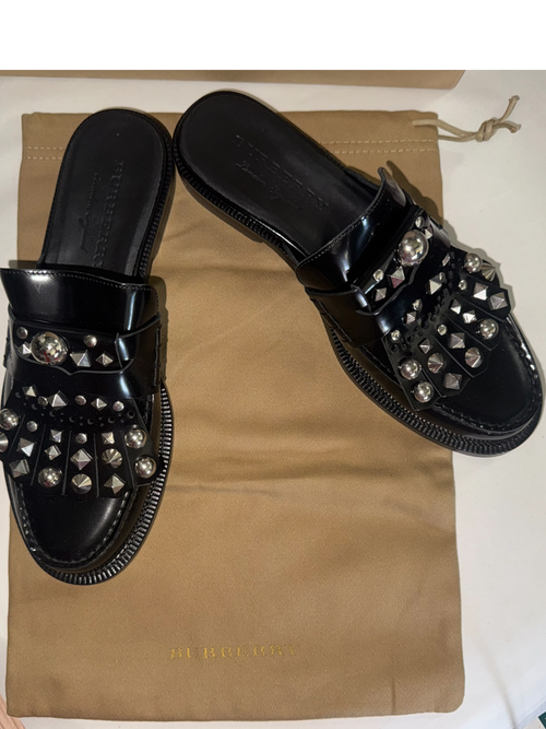 Burberry Becky Black Patent Leather Studded Loafer Mules