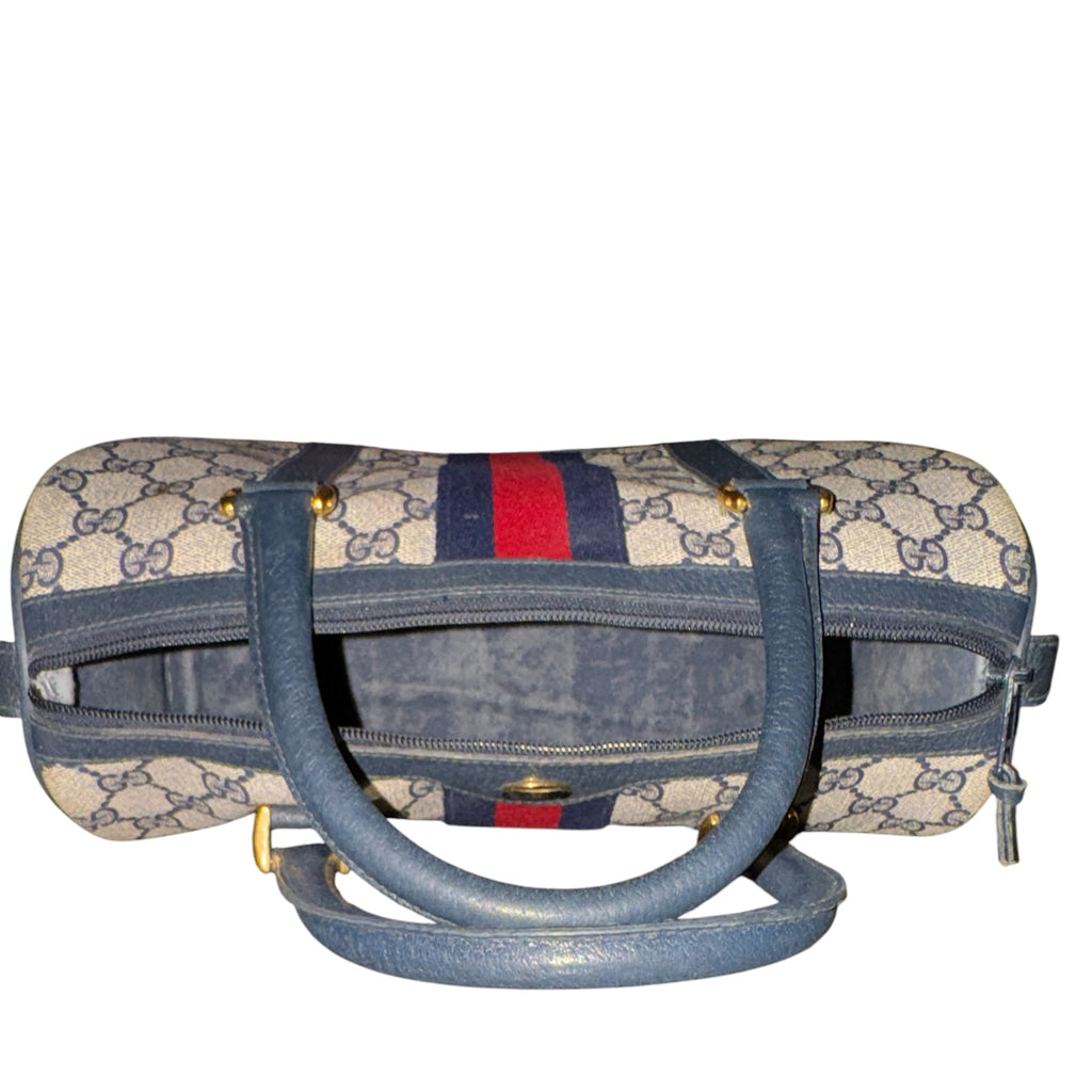 True Vintage 1970s Gucci GG Supreme Navy Blue Web Boston Bag Satchel w/ COA