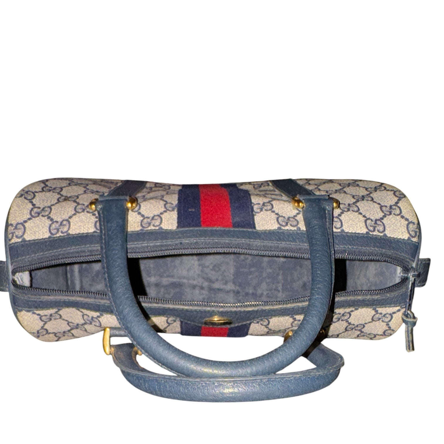 True Vintage 1970s Gucci GG Supreme Navy Blue Web Boston Bag Satchel w/ COA