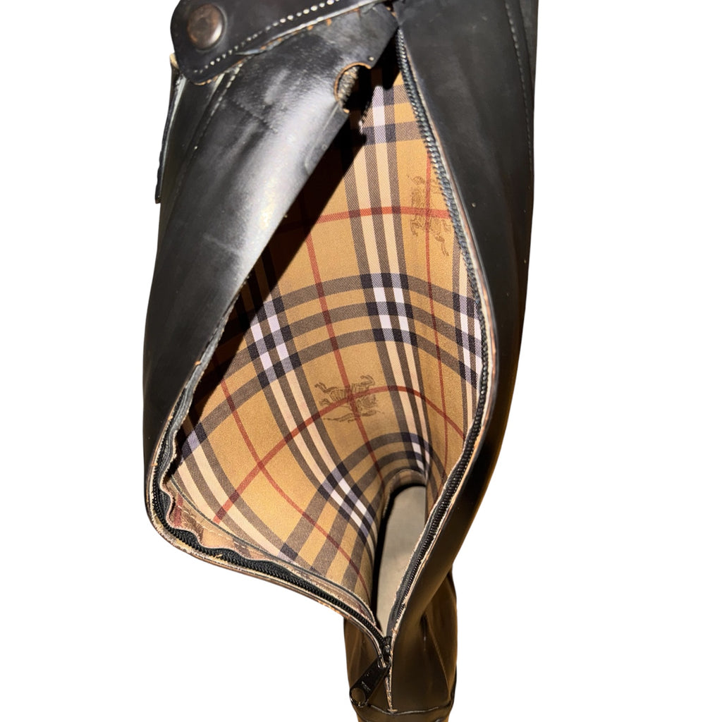 Burberry Vintage Black Equestrian Tall Rain Boots Nova Check
