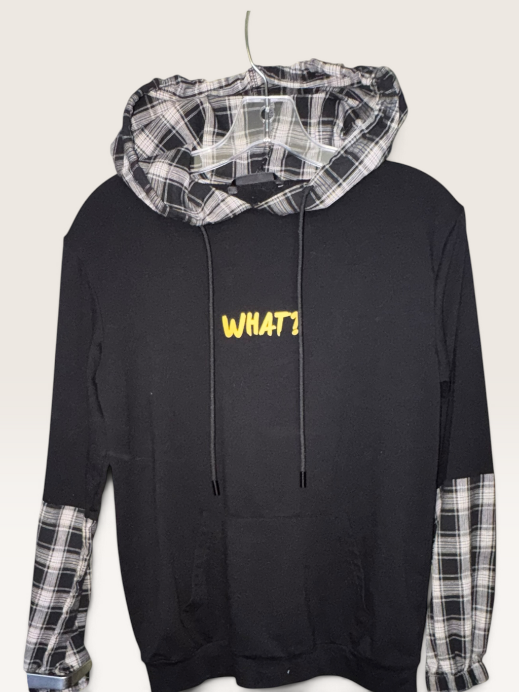 Black “WHAT?” Plaid-Accent Pullover Hoodie