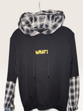 Black “WHAT?” Plaid-Accent Pullover Hoodie