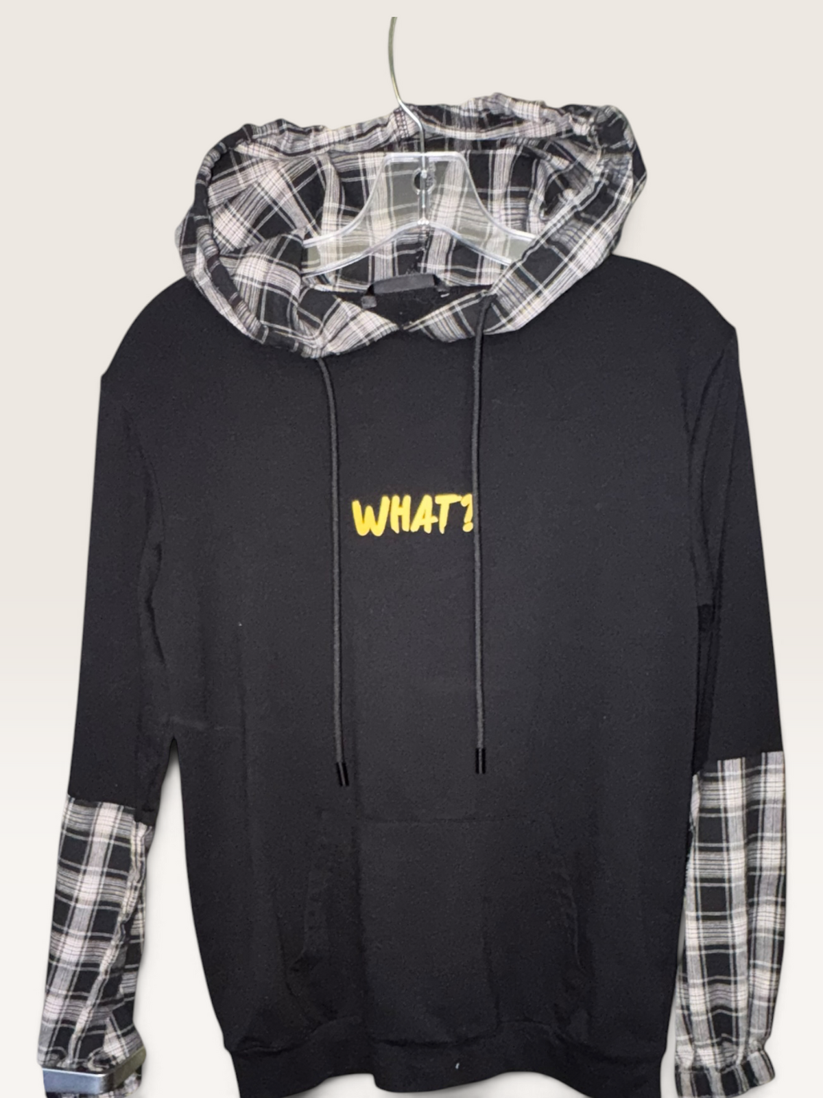 Black “WHAT?” Plaid-Accent Pullover Hoodie