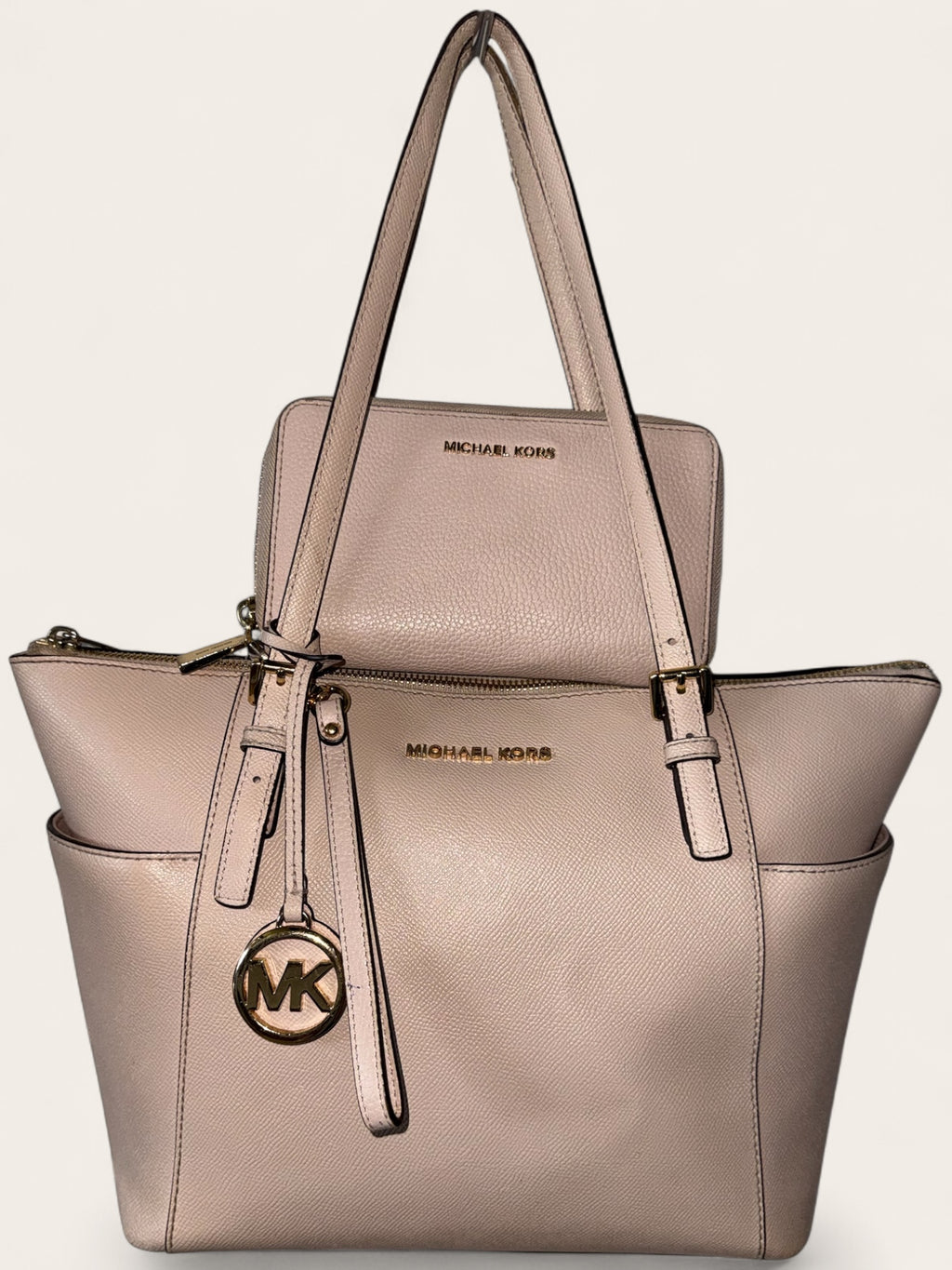 Michael Kors 2-Piece Set: Charlotte Saffiano Leather Tote Bag and Jet Set Travel Continental Wallet – Powder Blush Pink