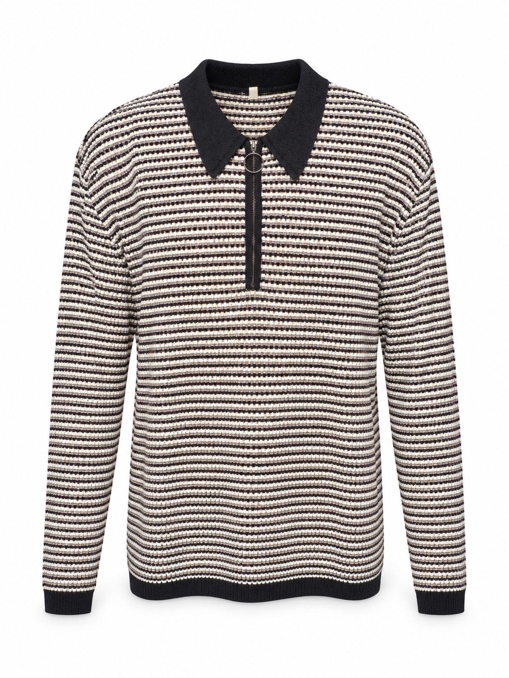 Neutral Striped Quarter-Zip Collared Sweater