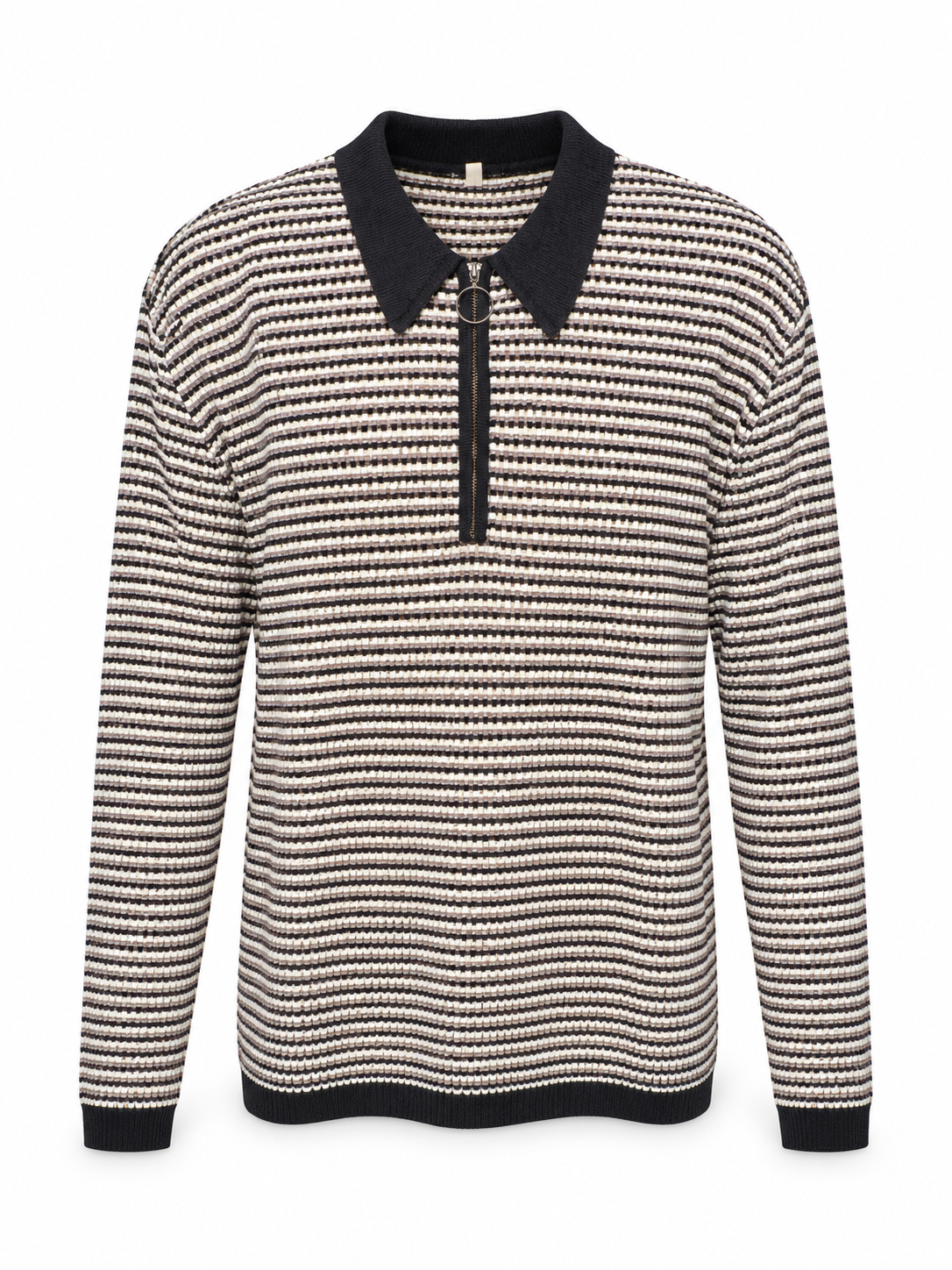 Neutral Striped Quarter-Zip Collared Sweater