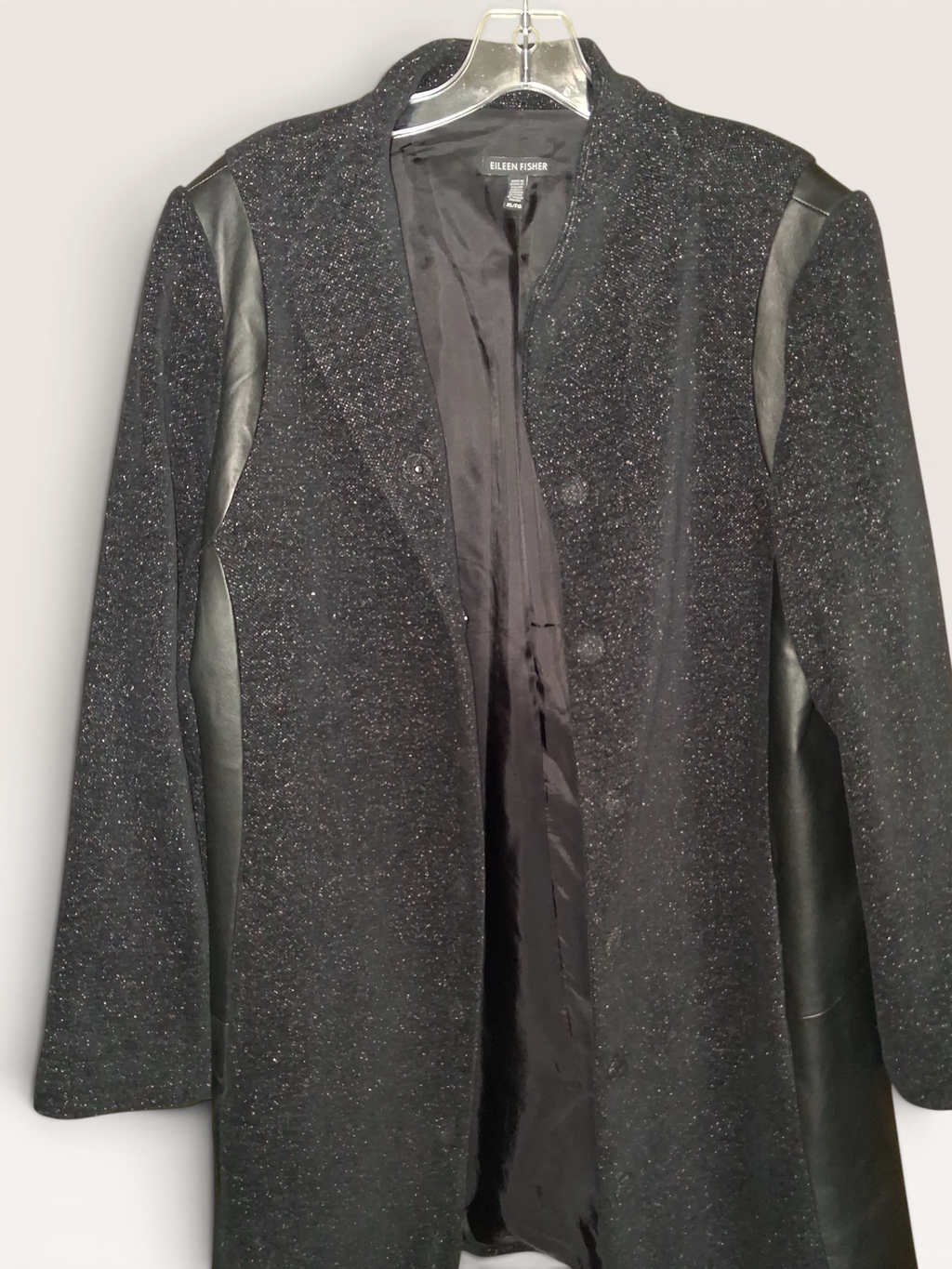Eileen Fisher Black Textured Mixed-Media Long Jacket
