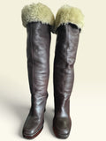 Michael Kors Brown Leather Fur-Trim Wedge Boots