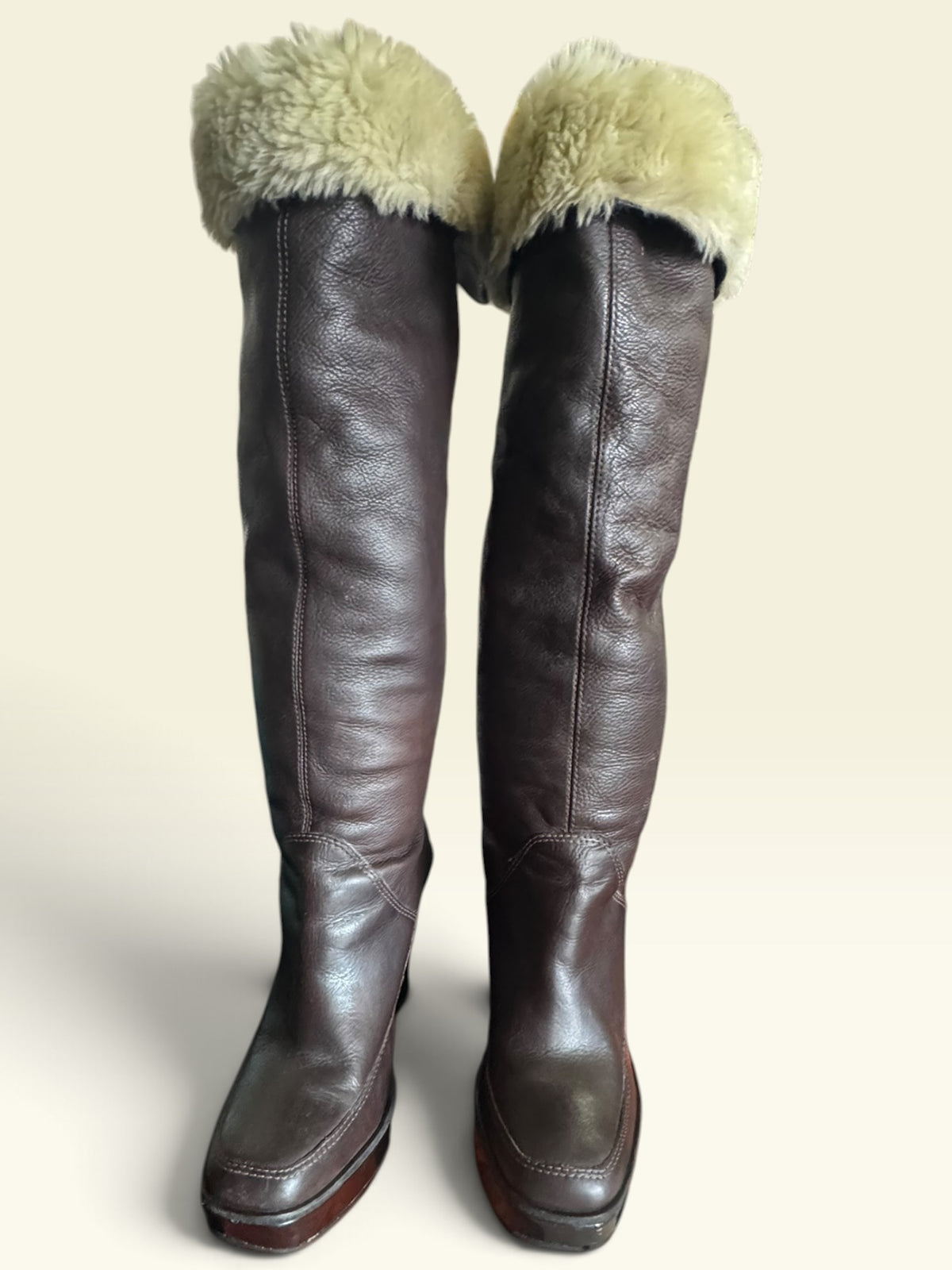 Michael Kors Brown Leather Fur-Trim Wedge Boots
