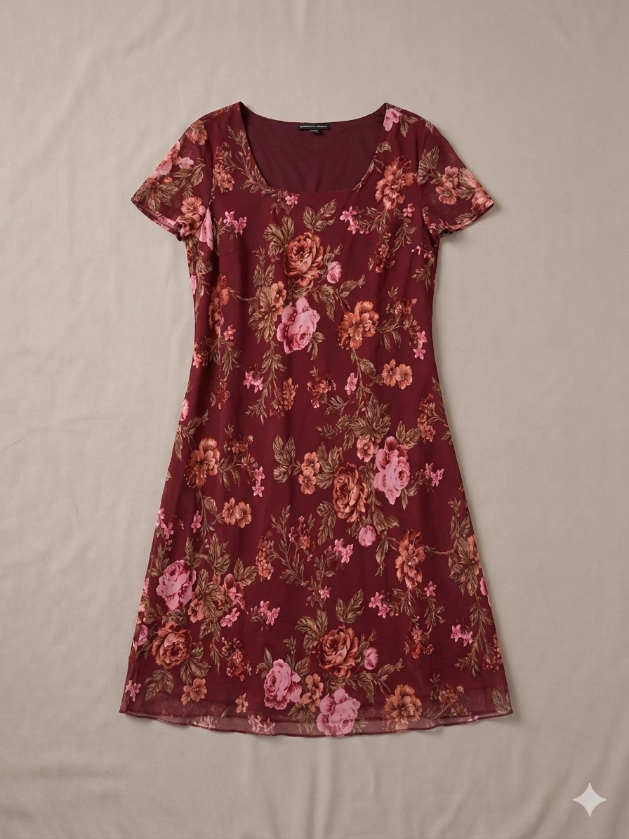 Vintage-Inspired Burgundy Floral Mini Dress – Sheer Overlay • Romantic Fit