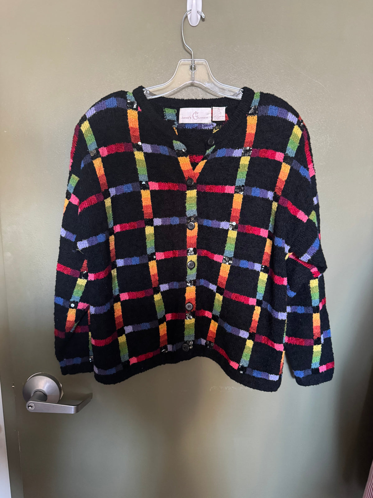 Jane’s Closet Rainbow Plaid Sequin Cardigan