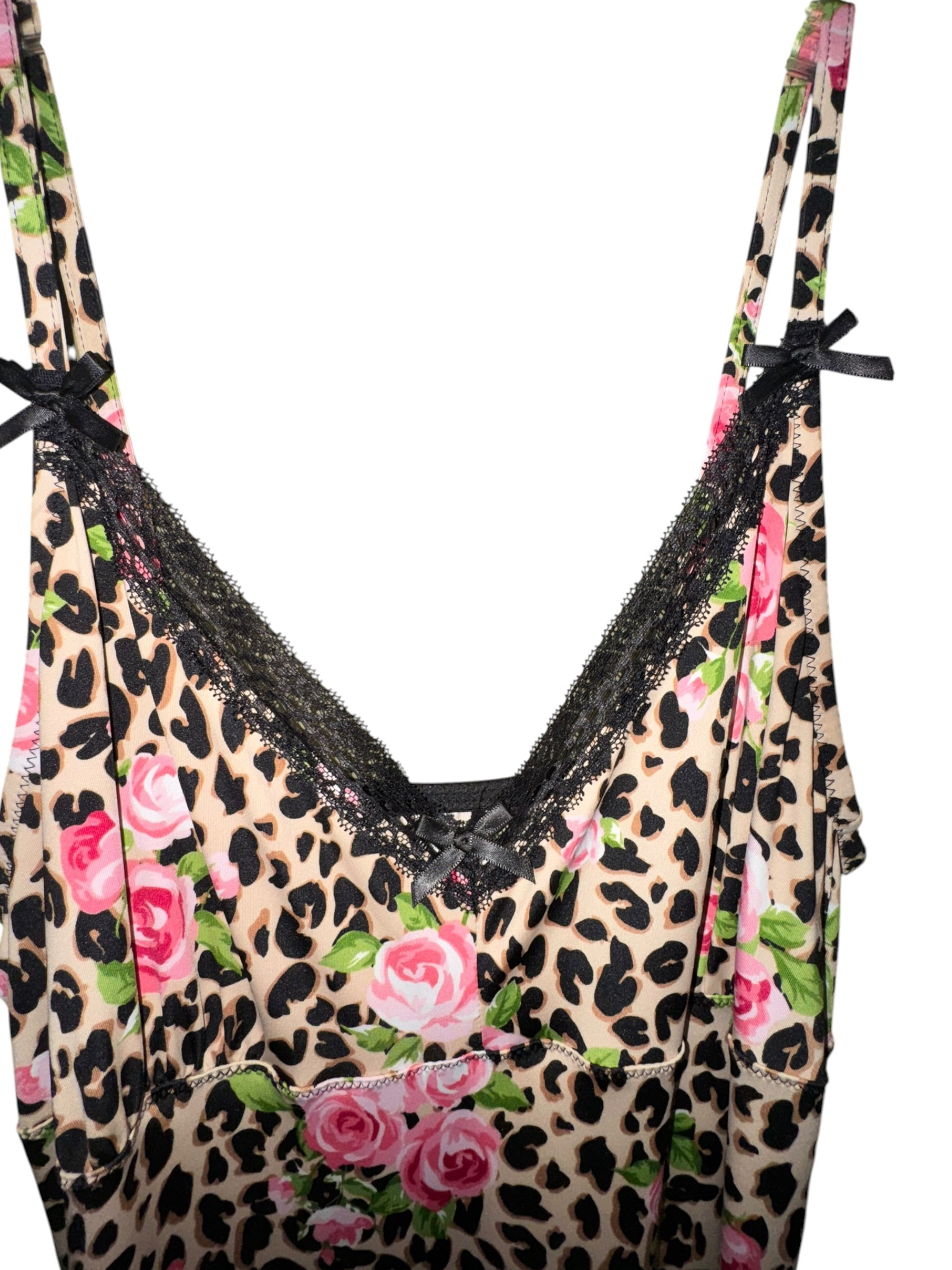 Leopard & Pink Rose Lace-Trim Maxi Nightgown