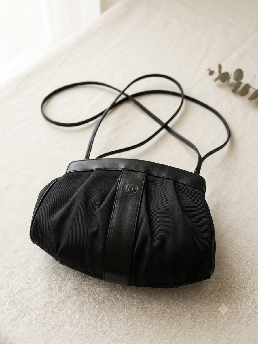 Vintage FENDI ROMA Black Faille Canvas & Leather Ruched Crossbody Pouch Bag