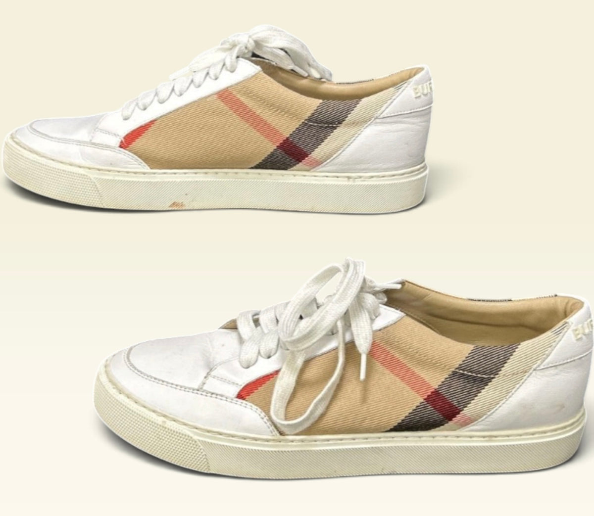 Burberry Vintage Check Low Top Sneakers Leather Canvas White Tan