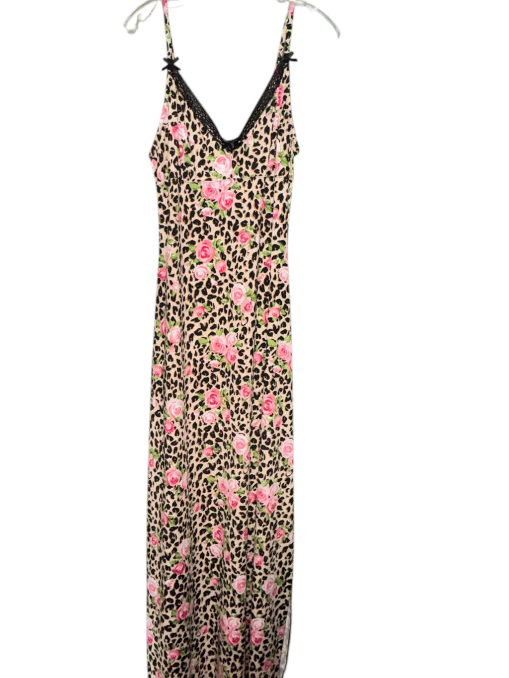 Leopard & Pink Rose Lace-Trim Maxi Nightgown