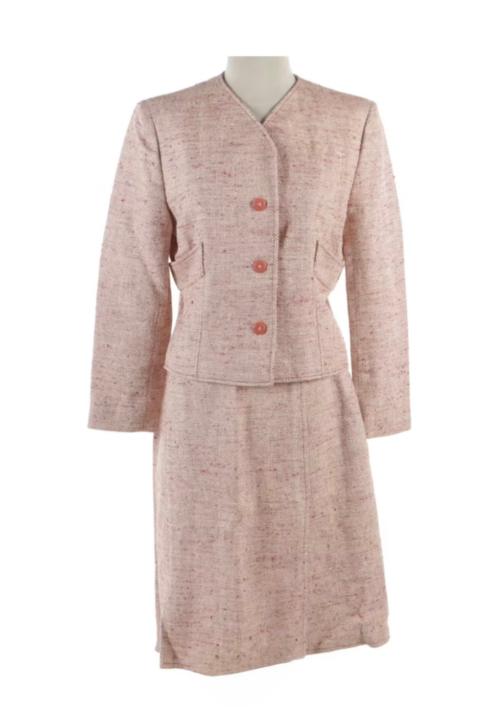 Vintage Valentino Boutique Pink Silk Noil Canvas Collarless Skirt Suit - Made in Italy