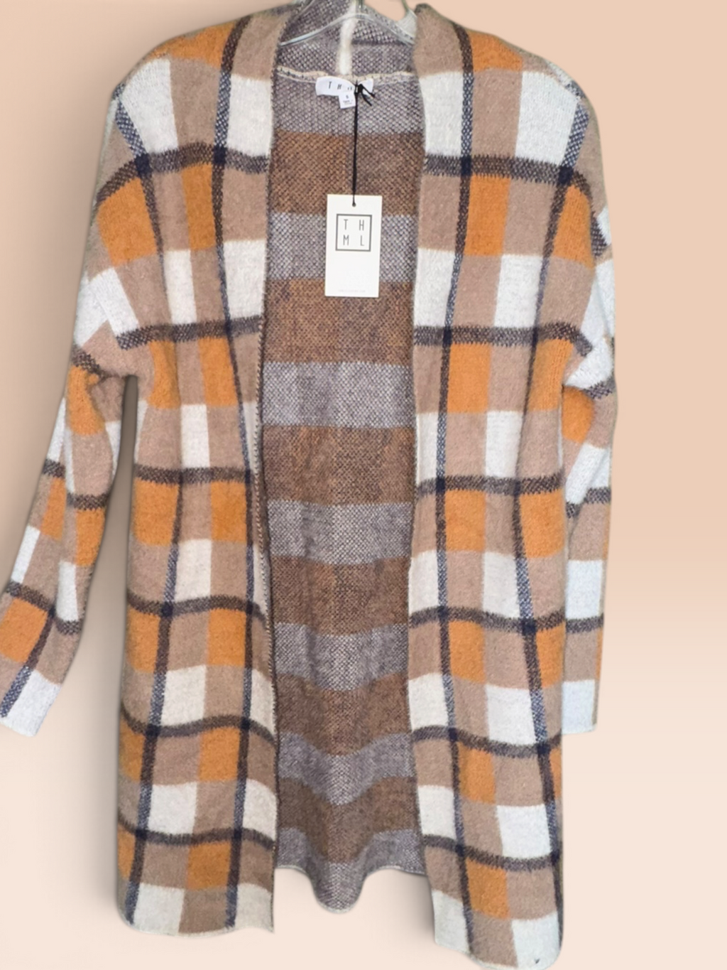 THML Orange & Gray Plaid Longline Cardigan