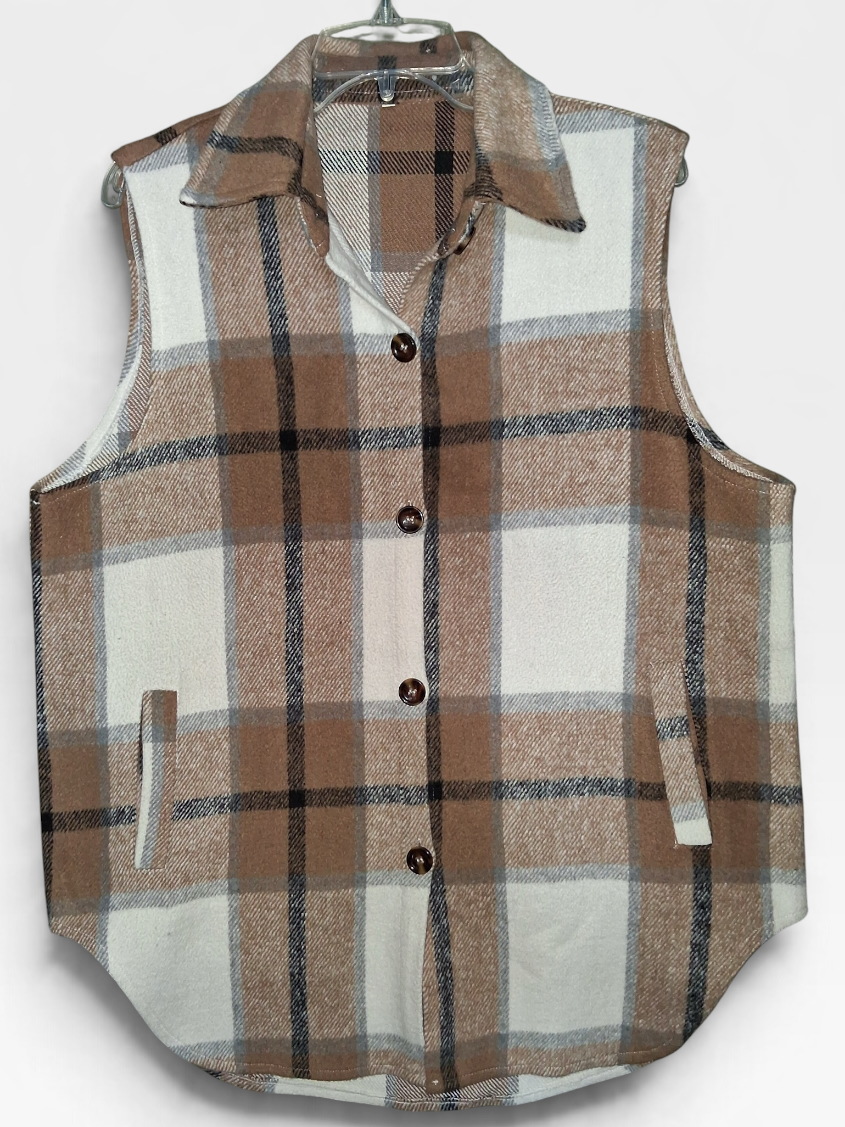 Brown & Cream Plaid Button-Front Shacket Vest