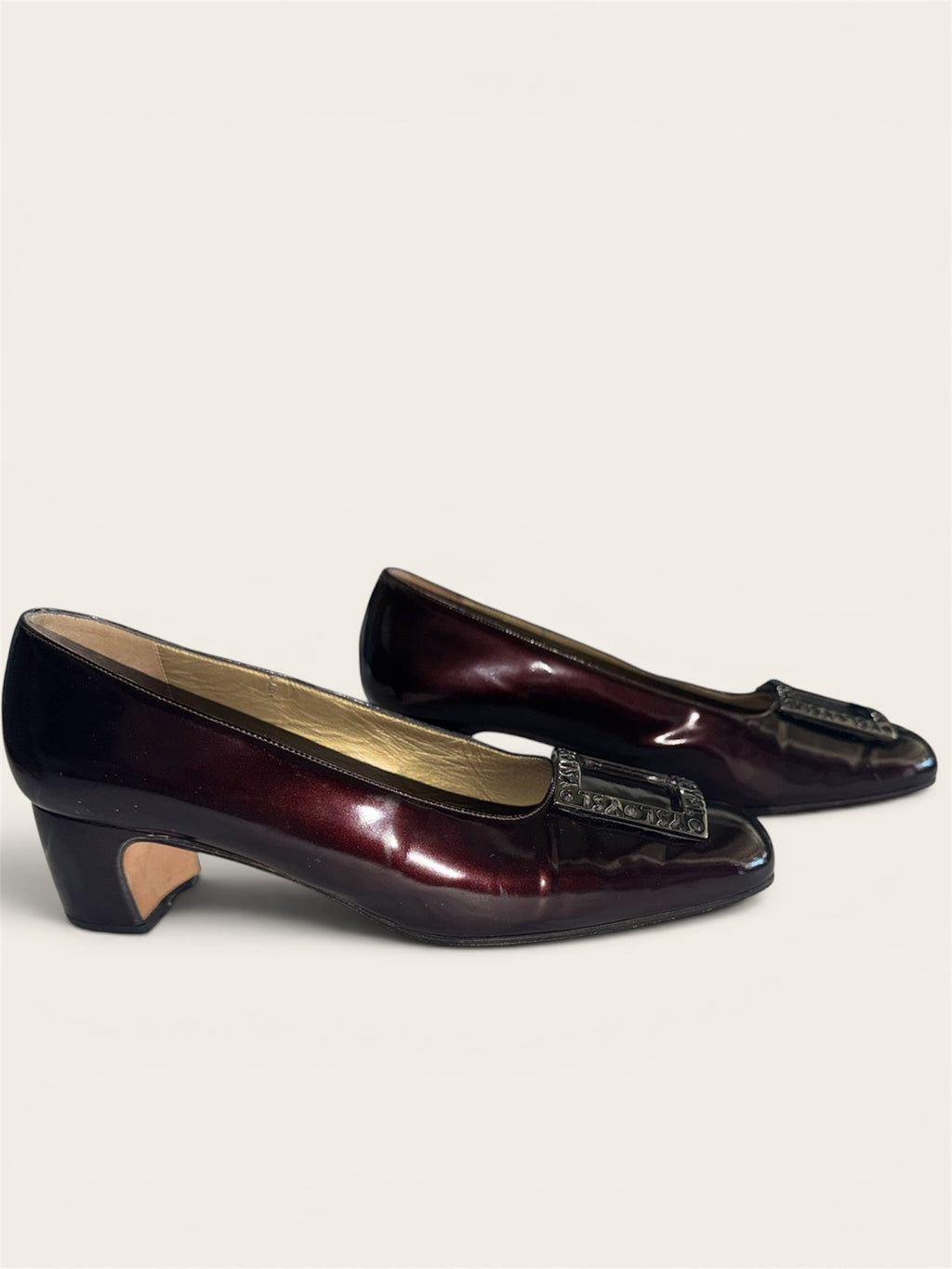 Vintage Yves Saint Laurent Burgundy Patent Leather Logo Buckle Pumps, Low Block Heel