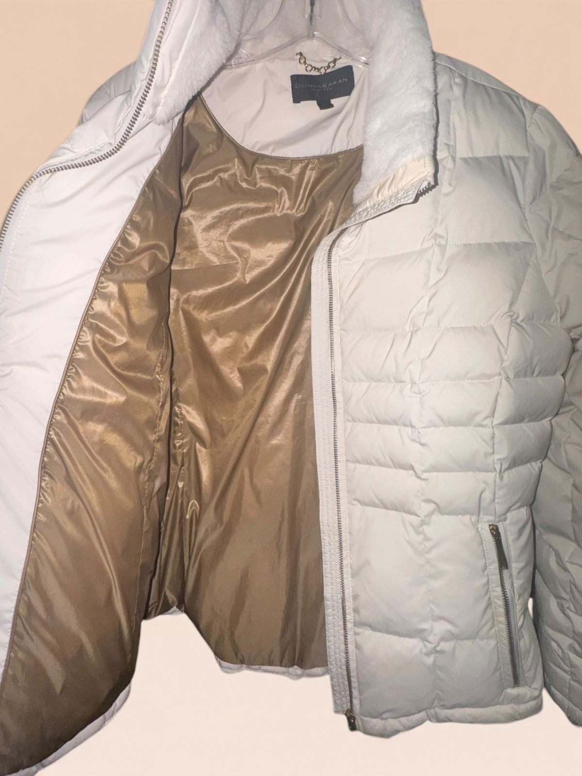Donna Karan New York Ivory Puffer Jacket with Detachable Hood & Fur Trim