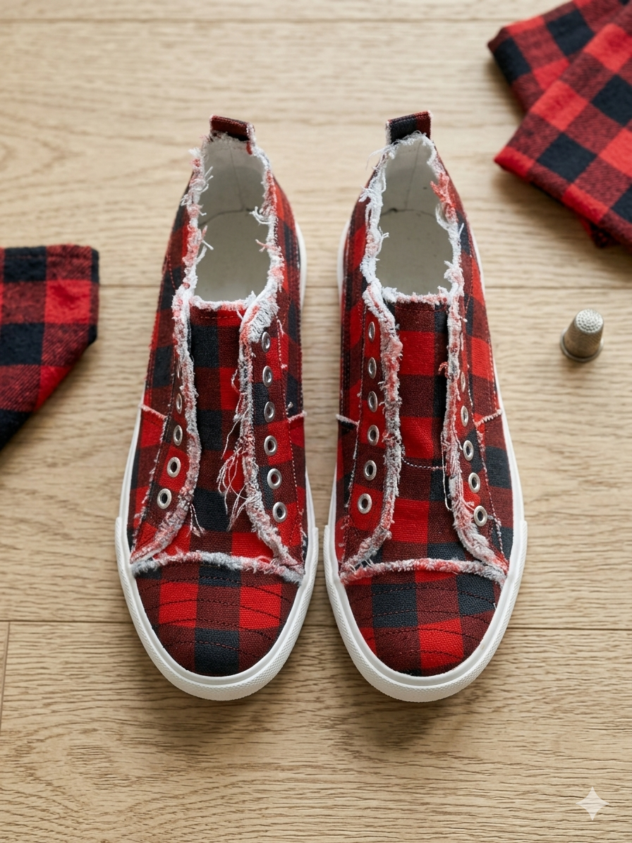Girlie Girl Originals Red Buffalo Plaid Canvas Slip On Sneakers Distressed