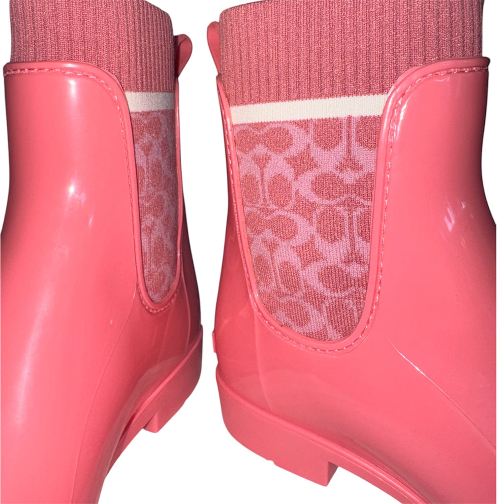 COACH Rivington Pink Monogram Sock-Top Ankle Rain Boots