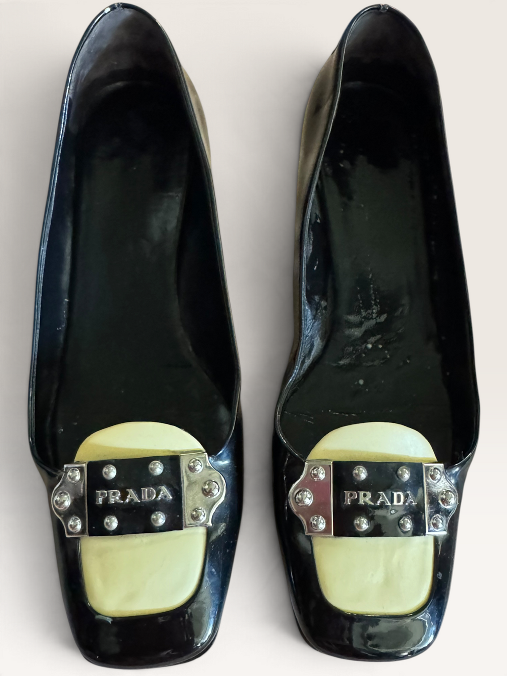 Vintage Prada Patent Leather Square-Toe Logo Pumps