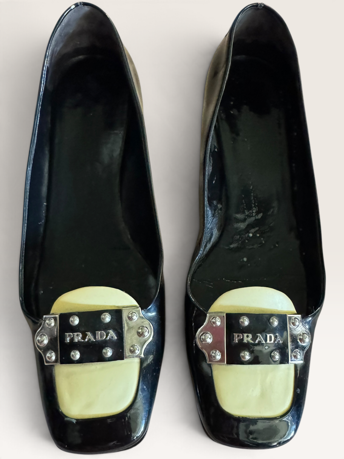 Vintage Prada Patent Leather Square-Toe Logo Pumps