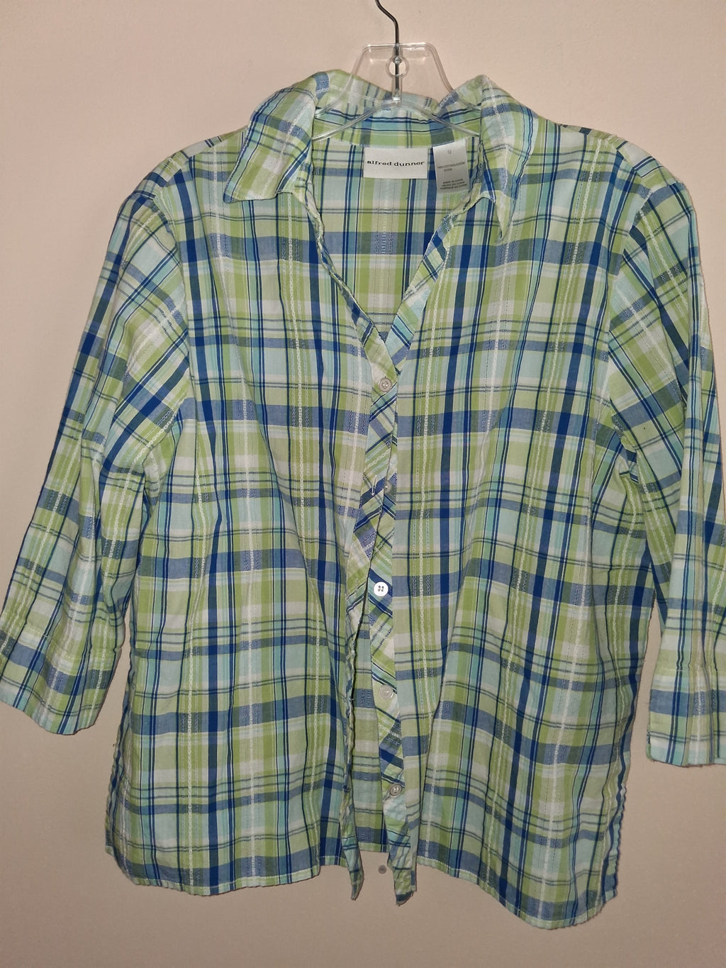 Alfred Dunner Blue & Lime Plaid Cotton Blouse