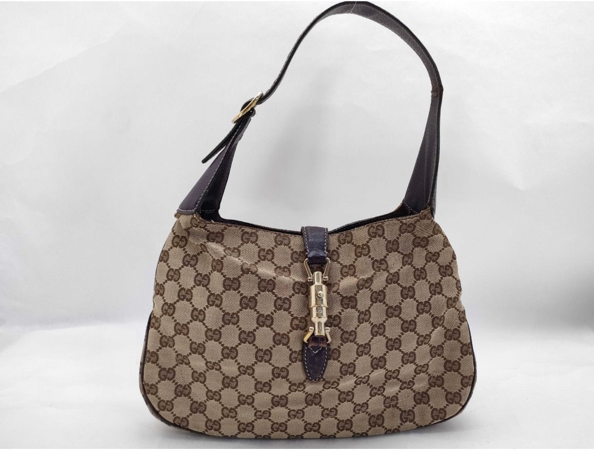 Authentic Gucci Jackie GG Canvas Shoulder Bag Brown Leather Trim + Entrupy COA