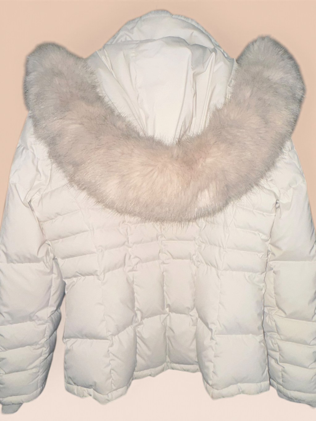 Donna Karan New York Ivory Puffer Jacket with Detachable Hood & Fur Trim