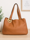 Michael Kors Fulton Bag, Acorn Tan Pebbled Leather, Gold Round Logo Charm, Three Compartments, Boho Hobo Tote