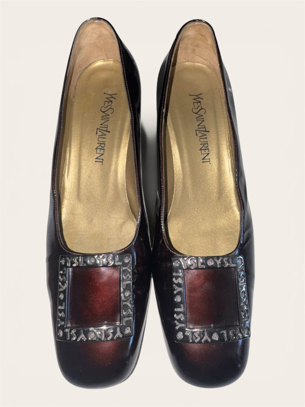Vintage Yves Saint Laurent Burgundy Patent Leather Logo Buckle Pumps, Low Block Heel