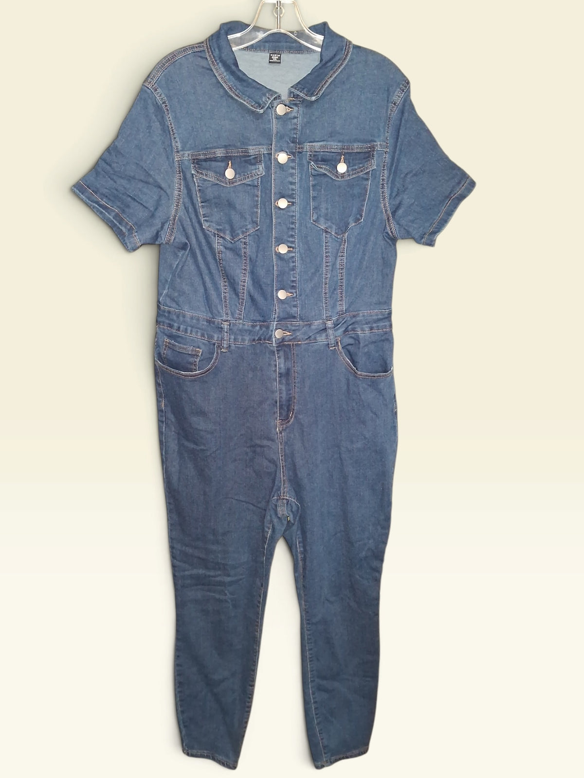 Blue Denim Short-Sleeve Utility Jumpsuit