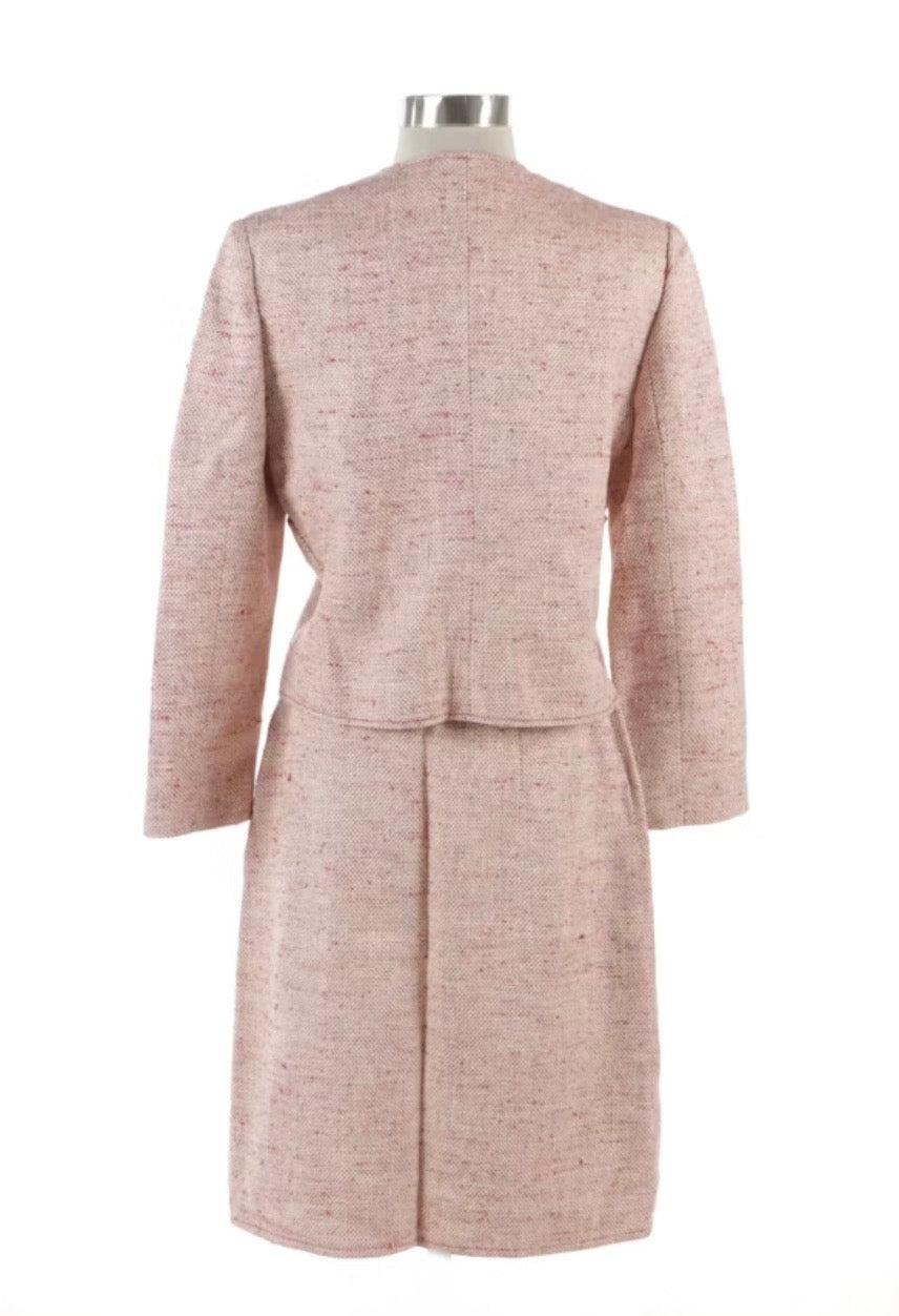 Vintage Valentino Boutique Pink Silk Noil Canvas Collarless Skirt Suit - Made in Italy