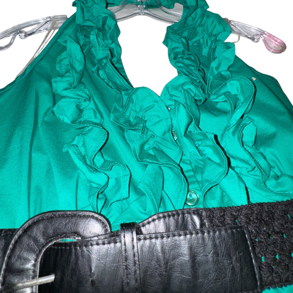Vintage Y2K Emerald Green Ruffle Halter Mini Dress / Tunic with Wide Belt