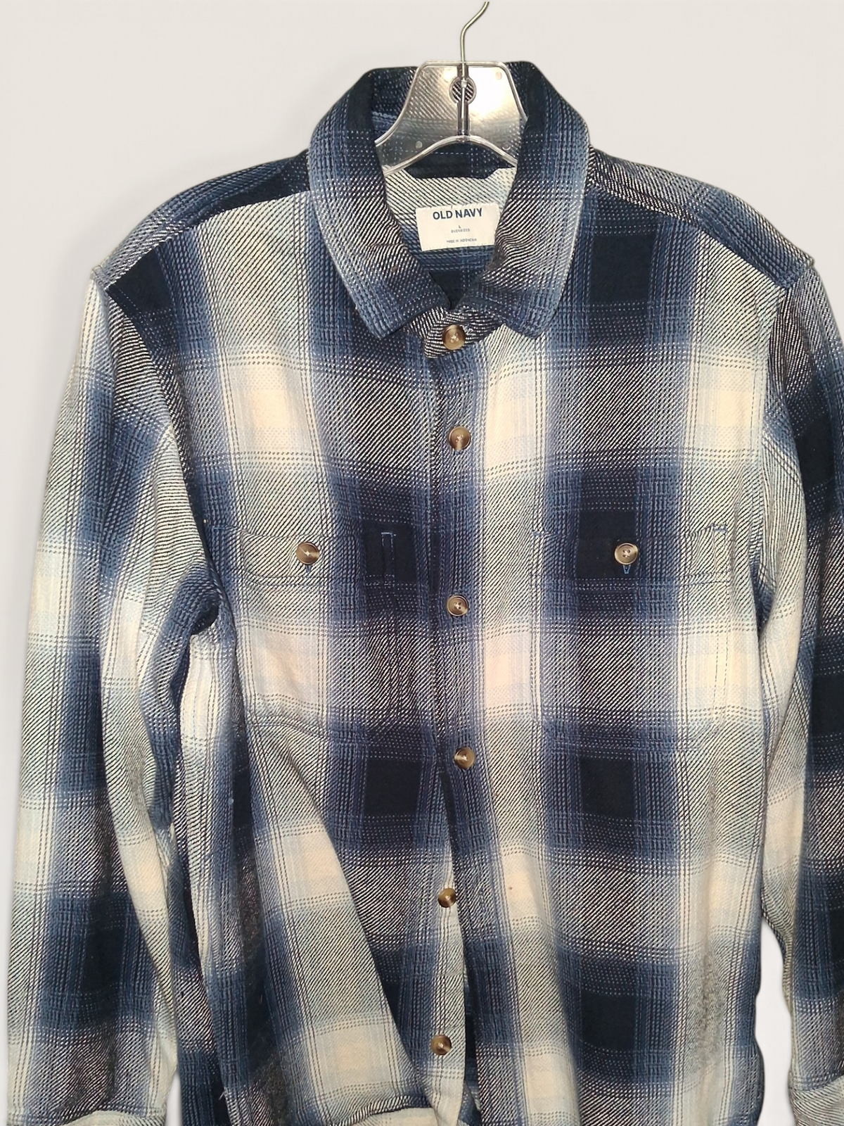 Old Navy Oversized Navy & Cream Plaid Button-Down Shirt