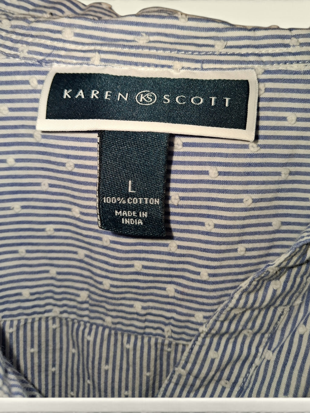 Karen Scott Blue & White Striped Cotton Blouse